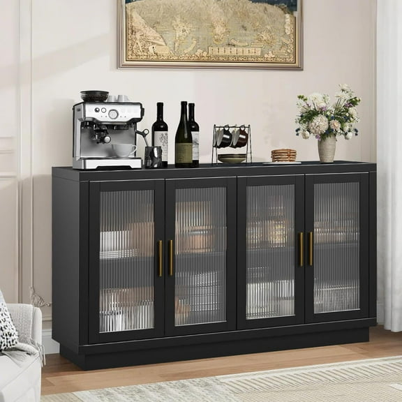 M optimized Buffet Cabinet with Storage, Wood Cabinet with 4 Fluted Glass Doors, Modern Storage Cabinets for Living Room, Entryway, Kitchen, Dinning Room, Hallway, Black
