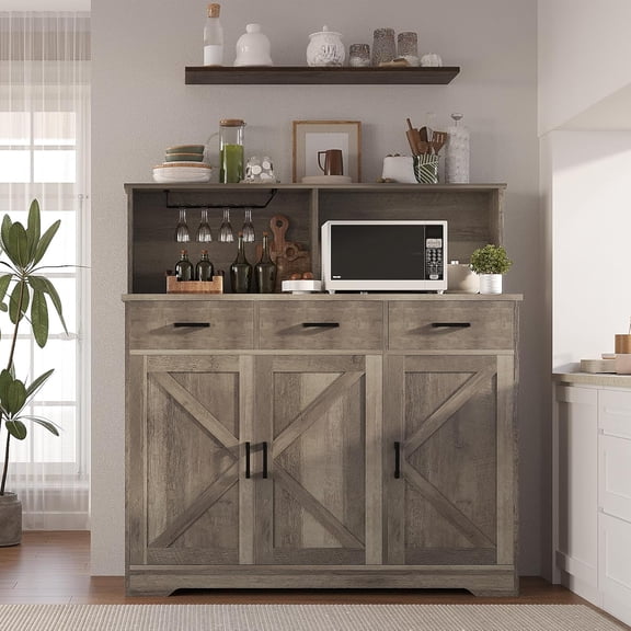 M optimized Buffet Cabinet with Microwave Stand, Barn Doors Sideboard Storage Cabinet with Drawers and Shelves for Kitchen, Living Room