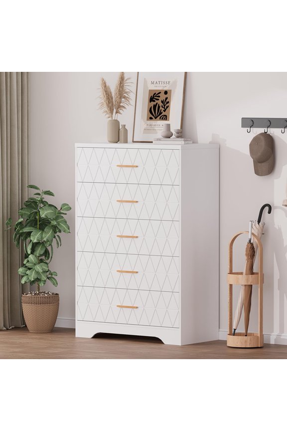 Chest of Drawers for Bedroom with 5 Drawers, Wooden Dresser with Gold Handles, Storage Cabinet and Organizer Drawers for Living Room, Hallway, Entryway, Modern Nightstand