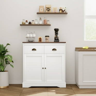 M optimized Coffee Bar Cabinet Modern Farmhouse Buffet Cabinet with 2 Drawers and Adjustable Shelf, Double Door Kitchen Cabinet, White
