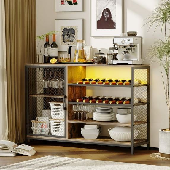 M optimized Coffee Bar Wine Cabinet with LED Lights and Power Outlets, Wine Cabinet Bar Stand with Open Shelves, Rustic Brown