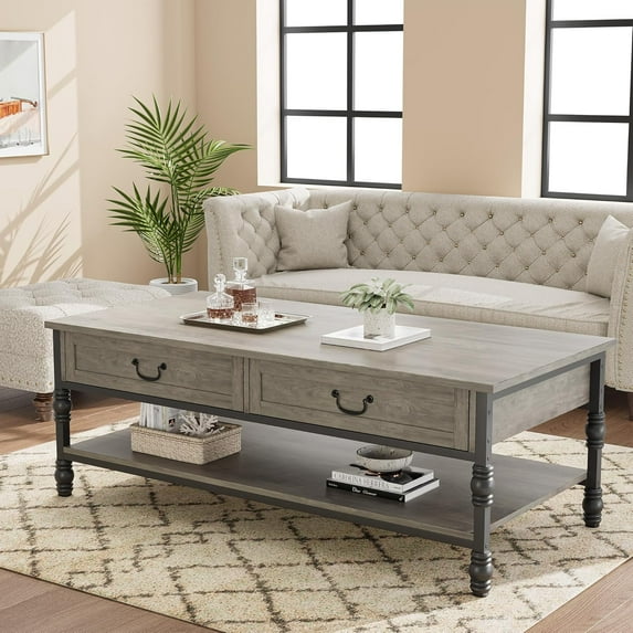 M optimized Coffee Table with Drawers 41" Large Center Table with Storage Rectangular Cocktail Table Mid Century Wooden Coffee Tables Retro Living Room Table Vintage Tea Table