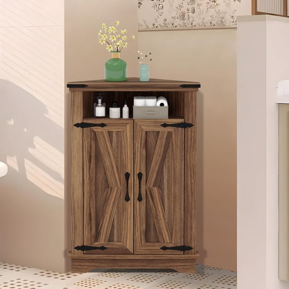 M optimized Corner Bathroom Cabinet, Small Corner Cabinet with Barn Doors & Adjustable Shelf, Farmhouse Bathroom Table with Storage for Small Spaces, Kitchen, Living Room