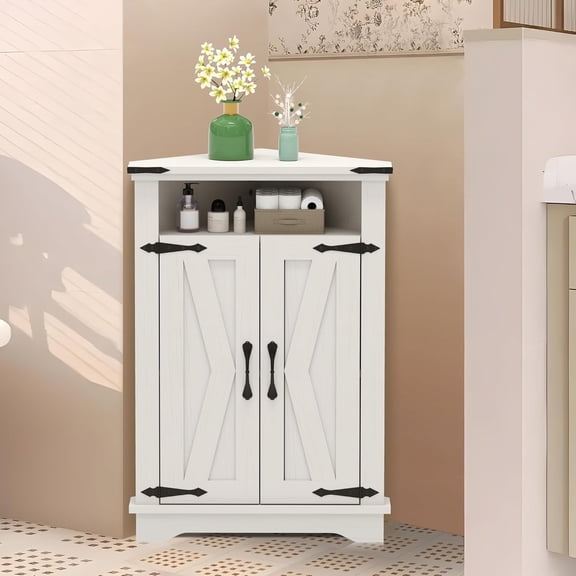 M optimized Corner Bathroom Cabinet, Small Corner Cabinet with Barn Doors & Adjustable Shelf, Farmhouse Bathroom Table with Storage for Small Spaces, Kitchen, Living Room