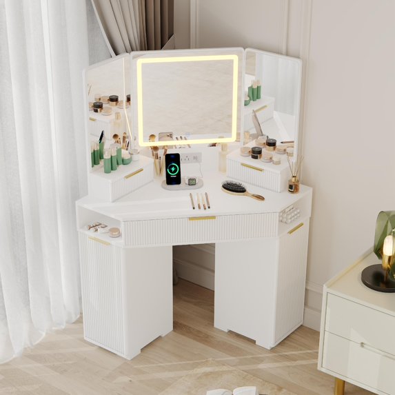 M optimized Corner Vanity Desk, Vanity Table with Lighted Mirror, Fluted Makeup Desk with Drawers and Cabinets, Dressing Table with Charging Station for Bedroom