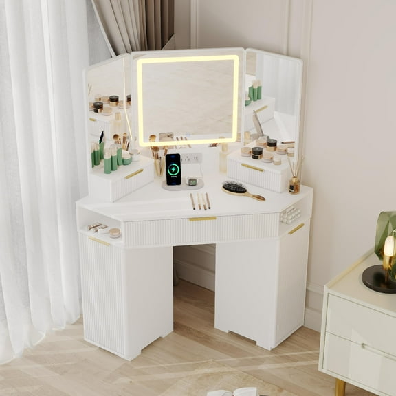 M optimized Corner Vanity Desk, Vanity Table with Lighted Mirror, Fluted Makeup Desk with Drawers and Cabinets, Dressing Table with Charging Station for Bedroom