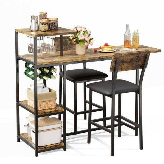 M optimized Dining Table Set for 2, 3-Piece Expandable Bar Table and Chairs Set, with Storage Shelves and Wine Rack, Small Kitchen Dining Set for Living Room, Apartment