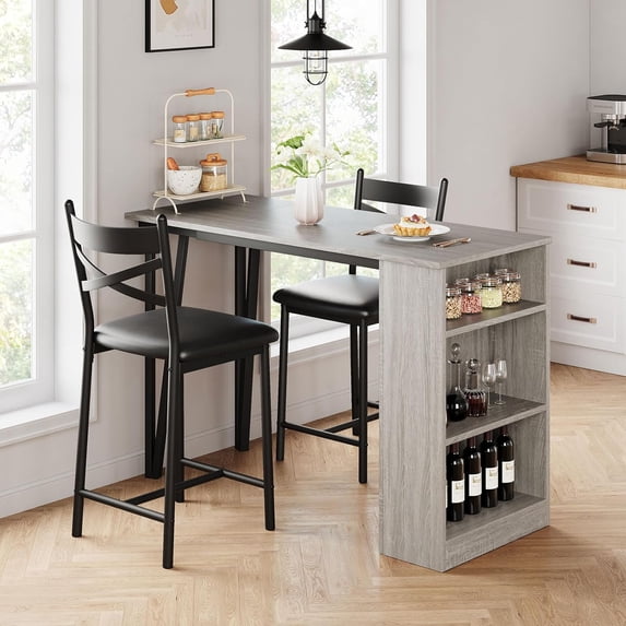 M optimized Dining Table Set for 2, Kitchen Bar Table and Chairs for 2, Expandable Counter Height Dinner Table with 2 Upholstered Chairs, 3 Piece Kitchen Bar Table Set