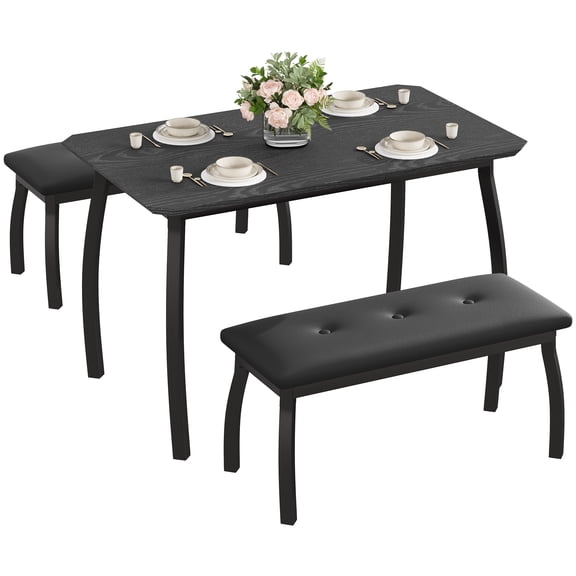 M optimized Dining Table Set with 2 Upholstered Benches, Industrial Dining Table Set with Heavy Duty Metal Frame, 3-Piece Kitchen Furniture for Small Spaces, Studio, Restaurant, Home