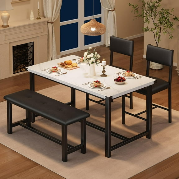 M optimized Dining Table Set for 4, Kitchen Table with 2 Upholstered Chairs and Bench, 4PCS Wood Kitchen Dining Room Set, for Small Space, Apartment, Home, Kitchen