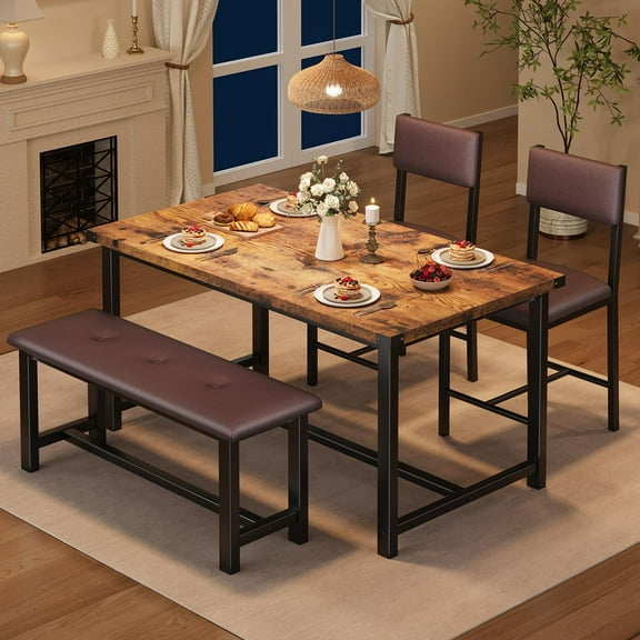 M optimized Dining Table Set for 4, Kitchen Table with 2 Upholstered Chairs and Bench, 4PCS Wood Kitchen Dining Room Set, for Small Space, Apartment, Home, Kitchen