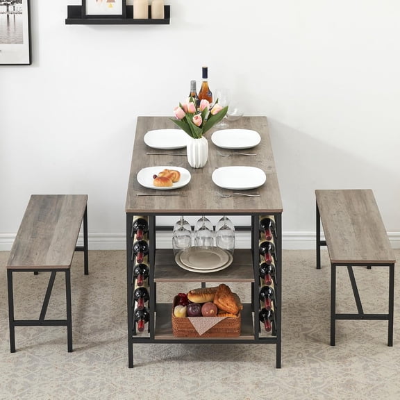M optimized Dining Table Set for 4, Kitchen Table Set for 4 with 2 Benches, Rectangular Dining Room Table Set with Wine Rack, 3 Piece Dining Table Set for Small Space Apartment