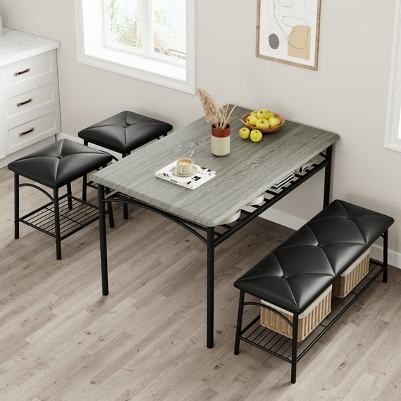 M optimized Dining Table Set for 4, Kitchen Table Set with Upholstered Bench and Square Stools, Metal and Wood Dining Room Table Set w/ Storage Shelves for Small Space Apartment