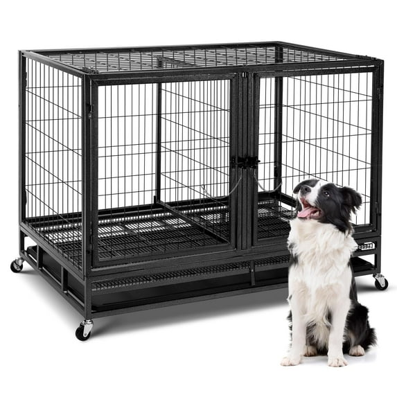 M optimized Dog Crate Double Door Cage, Kennel with Wheels Extra Large Crate Indoor for Large Dog with Removable Tray