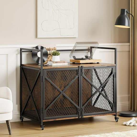 M optimized Dog Crate Furniture, Heavy Duty Decorative Dog Cage with Lockable 360° Wheels, Double Door Dog Kennel End Table for for Small Medium Large Dog, Rustic Brown