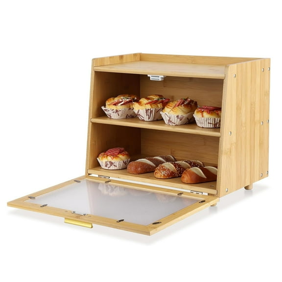 M optimized Double Layer Large Bread Box for Kitchen Counter, Large Capacity Bread Storage Container Farmhouse Bread Box with Window Bread Holder, 15.35"x 9.84"x 12.71"