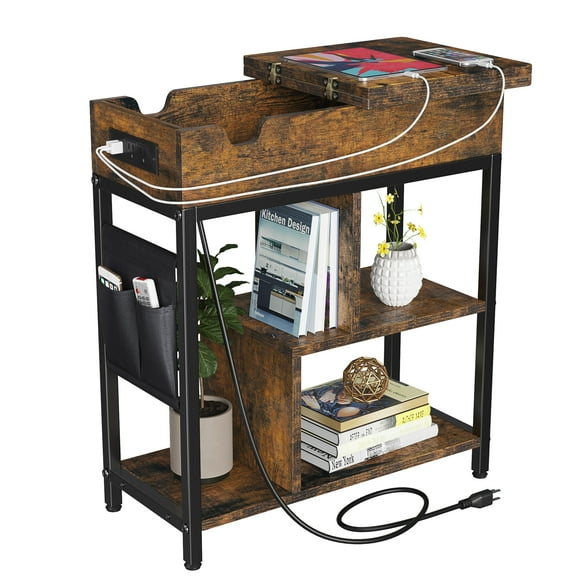 M optimized End Table with Charging Station, Flip Top Narrow Side Table Nightstand, Bedside Table with Shelf for Living Room Small Space (Rustic Brown)