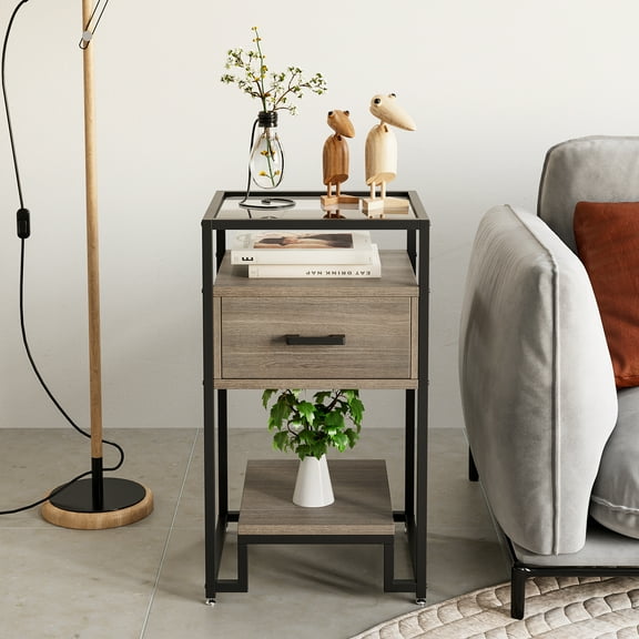 M optimized End Table Wooden Nightstand with Tempered Glass Top Drawer 3-Tier Storage Bedside Table for Living Room, Bedroom, Rustic Light Brown