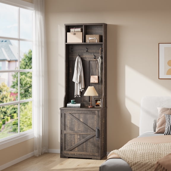 M optimized Farmhouse Coat Rack, Hall Tree with Shoe Storage, 5 Hooks, 2 Open Cubbies & Shoe Cabinet, Space Saving Furniture for Hallway, Entryway, Living Room