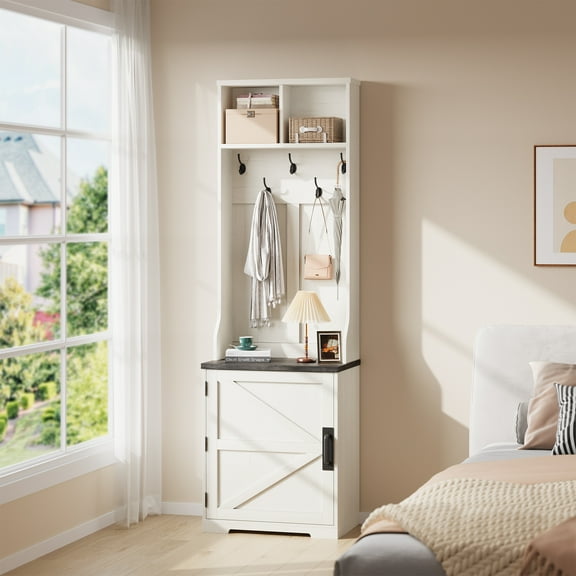 M optimized Farmhouse Coat Rack, Hall Tree with Shoe Storage, 5 Hooks, 2 Open Cubbies & Shoe Cabinet, Space Saving Furniture for Hallway, Entryway, Living Room