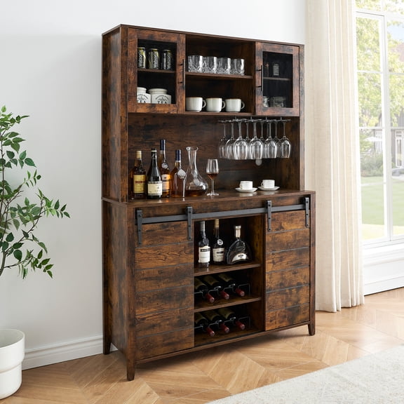 M optimized Farmhouse Coffee Bar Cabinet with Sliding Barn Doors, 70'' Kitchen Hutch Cabinet with Storage, Wine&Glasses Rack, Tall Sideboard Buffet Cabinet for Kitchen, Dining Room