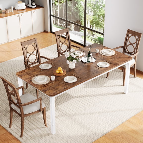 M optimized Farmhouse Dining Table for 6-8 People, Industrial Kitchen Table with Metal Frame & Chamfered Corners, Wood Tabletop for Dining Room, Breakfast Nook, Small Space