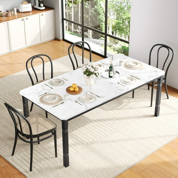 M optimized Farmhouse Dining Table for 6-8 People, Industrial Kitchen Table with Metal Frame & Chamfered Corners, Wood Tabletop for Dining Room, Breakfast Nook, Small Space