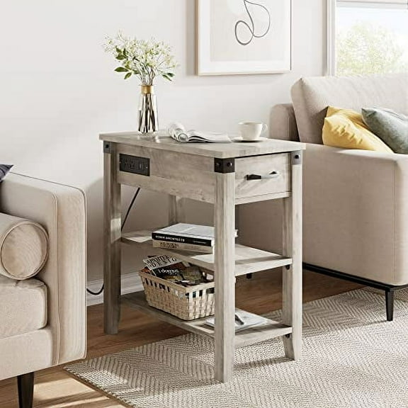 M optimized Farmhouse End Table with Charging Station, 3-Tier Narrow Side Table with Drawer & Shelf