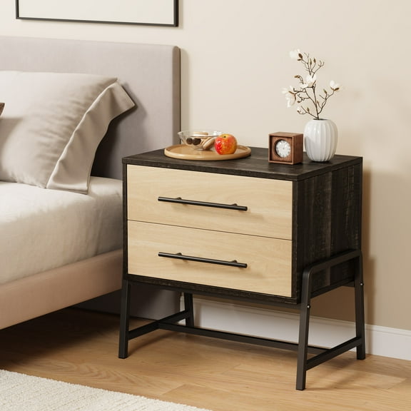 M optimized Farmhouse Nightstand with Drawers, Light Wood Bedside Table with Metal Legs, 2 Drawer Sofa Side Table, Rustic Storage Cabinet, 2 Drawer Dresser for Bedroom, Living Room