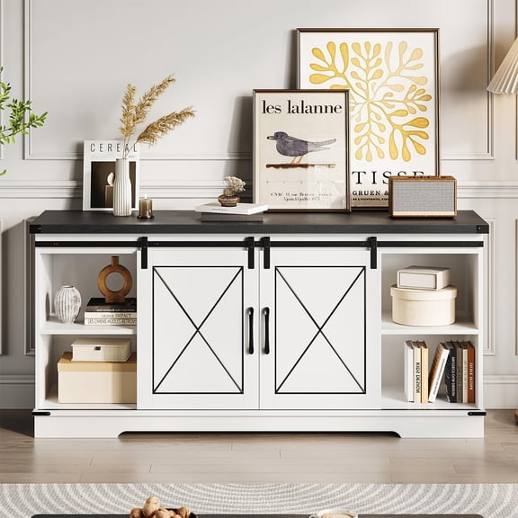 M optimized Farmhouse TV Stand for 65" TVs, Entertainment Center with Sliding Barn Doors and Adjustable Shelf, Media Console Table with Storage Cabinet for Living Room, Bedroom