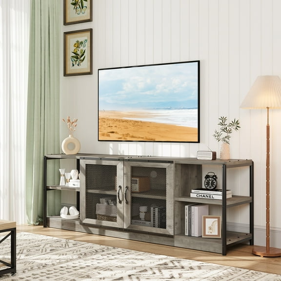 M optimized Farmhouse TV Stand for 75/80 Inch TVs, Industrial Entertainment Center with Double Mesh Doors and Storage Cabinet, Rustic Media Console Table for Living Room, Grey