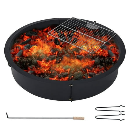 M optimized Fire Pit Ring Insert 32in/36in Outdoor Fire Pit Liner Round Steel Fire Ring w/ Cooking Grate, Heavy Duty Firepit Rings for Outside Wood Burning DIY Camping Patio Yard Garden, Black