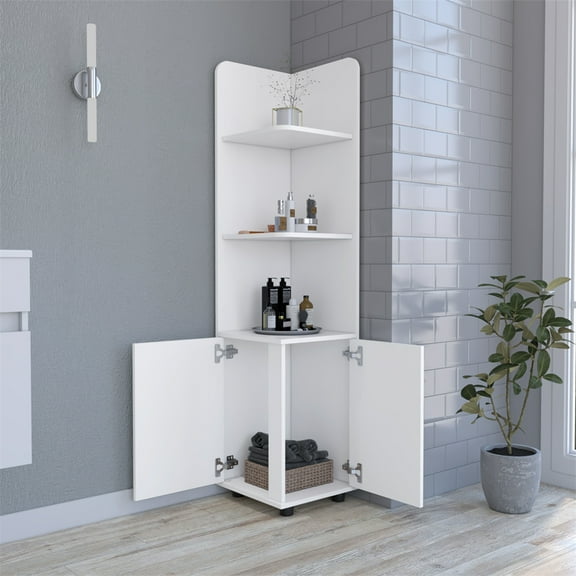 M optimized Floor Storage Cabinet, Tall Bathroom Storage Unit with 2-door Base Cabinet, 3 Tier Open Shelves, Linen Tower Storage Rack Stand for Kitchen Living Room Bathroom