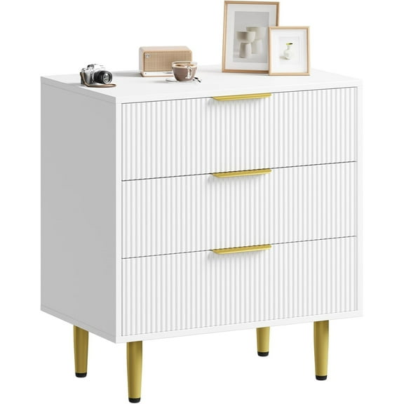 M optimized Fluted 3 Drawers Dresser for Bedroom, Wooden Chest of Drawers with Metal Handle & Legs, for Living Room, Hallway