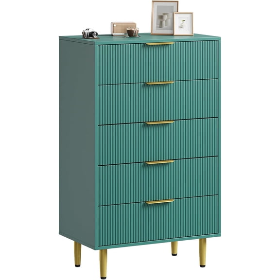 M optimized Fluted 5 Drawers Dresser for Bedroom, Wooden Chest of Drawers with Metal Handle & Legs, for Living Room, Hallway