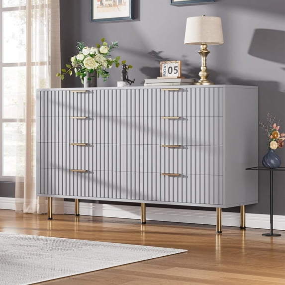 M optimized Fluted 8 Drawer Double Dresser, Modern Chest with Generous Deep Drawers and Wide Top, Wooden Storage Organizer for Living Room, Hallway