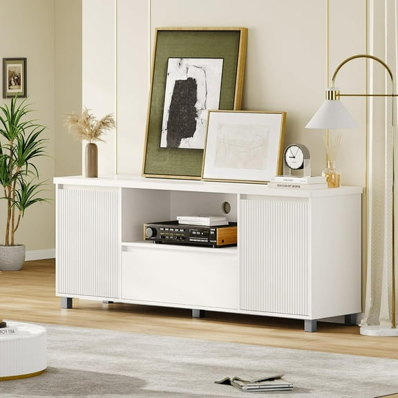 M optimized Fluted TV Stand for TVs up to 70", Modern Entertainment Center Media Console with Drawer and 2 Cabinets, Storage Cabinet for Living Room, White