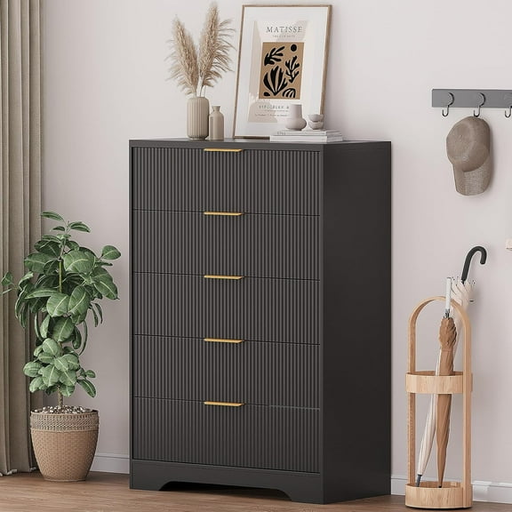 M optimized Fluted Wood Dresser 5 Drawers Dresser for Bedroom, Modern White Tall Dressers, Natural Wood Drawer Organizer for Bedroom, Living Room, Hallway, Entryway