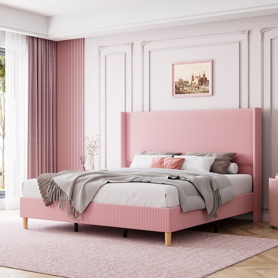 M optimized Full Queen Size Bed Frame with Headboard, Boho Fluted Corduroy Platform Bed Frame with Strong Metal Slat, Noise Free, No Box Spring Needed