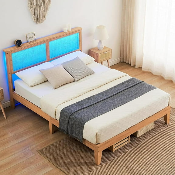 M optimized Full Size Queen Size Bed Frame with Rattan Headboard, Rattan Bed Frame Platform with LED Lights, Mattress Foundation, No Box Spring Needed, Easy Assembly