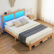 M optimized Full Size Queen Size Bed Frame with Rattan Headboard, Rattan Bed Frame Platform with LED Lights, Mattress Foundation, No Box Spring Needed, Easy Assembly