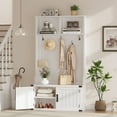 thumbnail image 1 of M optimized Hall Tree with Shoe Storage Bench, 4-In-1 Entryway Bench with Coat Rack & Adjustable Shelf & 2 Wood Door, Hall Tree with Metal Corner & 5 Tri-Hooks for Entryway, Bedroom, Living Room, 1 of 8