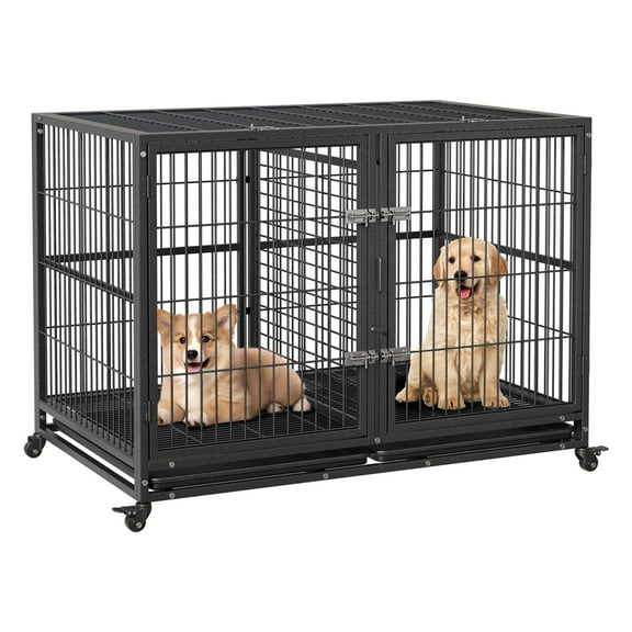 M optimized Heavy Duty Dog Crate, 48 Inch Indoor Dog Crate with Lockable Wheels and Removable Tray, Indestructible Metal Dog Cage for Large Medium Small Dogs