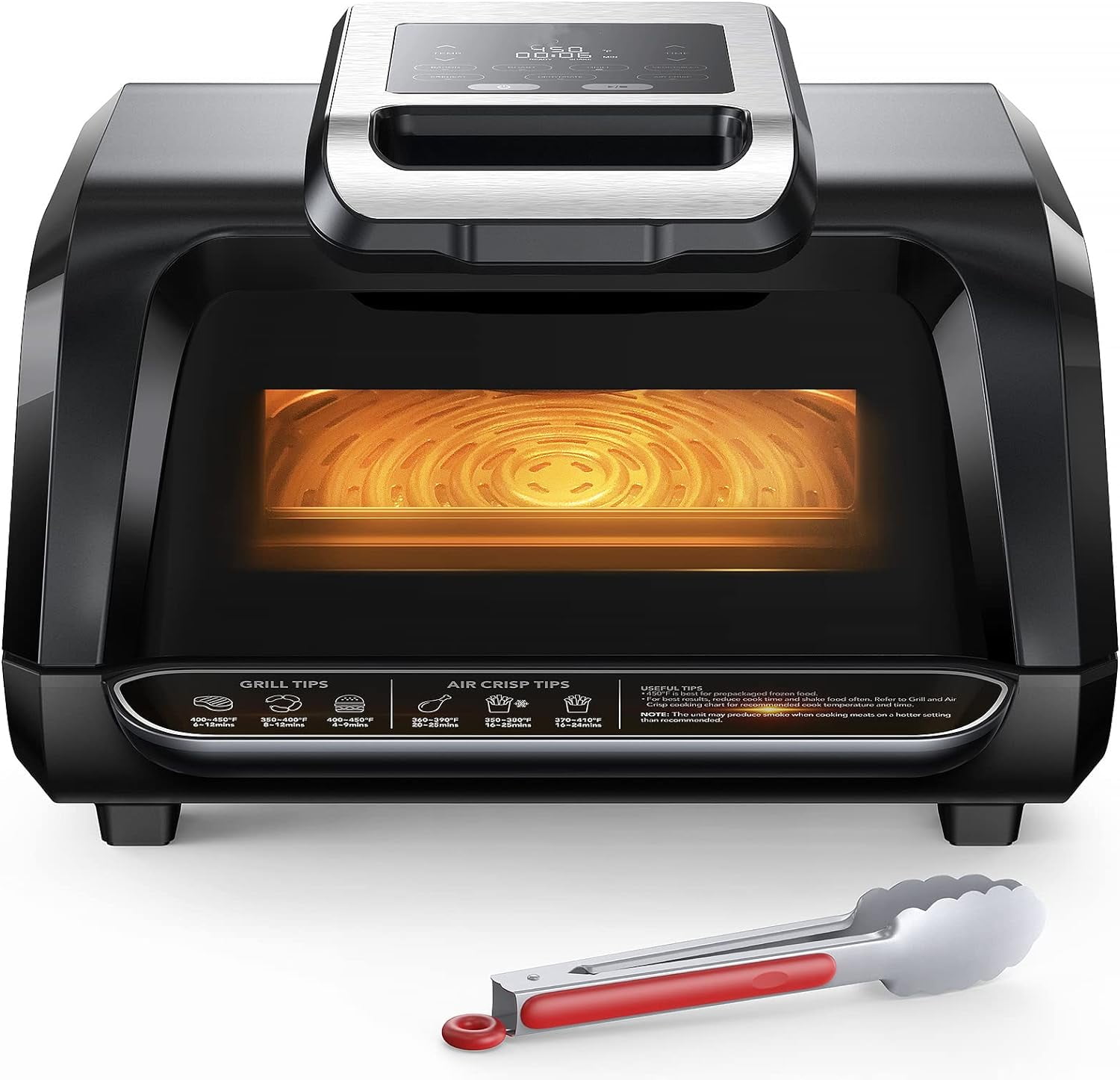 M optimized Indoor Grill Air Fryer Combo w/ See-Through Window, 7 in 1 Smokeless Electric Air Grill Up to 450°F, 1750W Contact Grill w/ Non-Stick Removable Plates, Even Heat, Silicon Tongs, 4Qt, Black