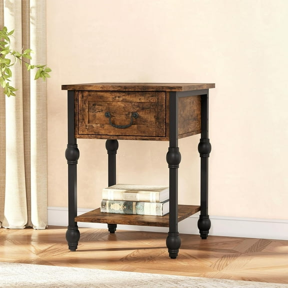 M optimized Industrial End Table, Side Table with Storage, 2 Tiers Nightstand with Drawer, Wood Bedside for Bedroom, Living Room and Small Space, Rustic Brown