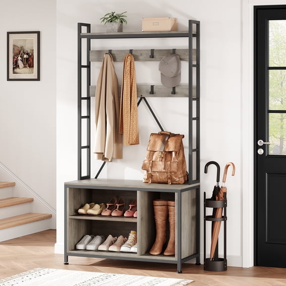 M optimized Industrial Hall Tree with 3 Storage Cubbies & 8 Hooks, Freestanding Entryway Coat Rack Shoe Bench with Shoe Storage