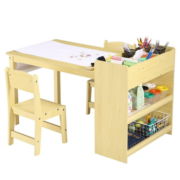 M optimized Kids Art Table with 2 Chairs Craft Play Wood Activity Desk with Large Storage Shelves, Wood Activity Desk for Writing Drawing Suitable for Nursery, Classroom, Playroom