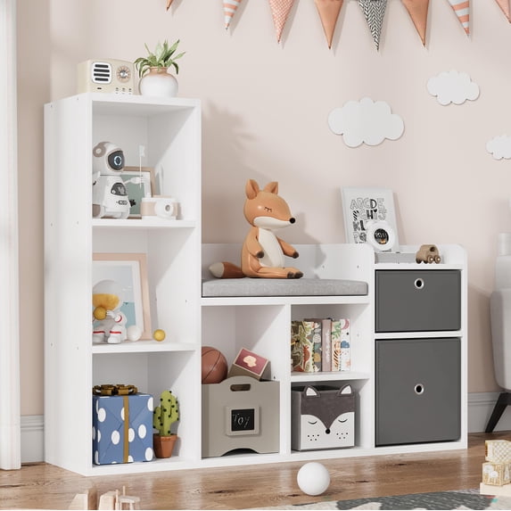 M optimized Kids Bookshelf Toy Storage Organizer with Reading Nook White Bookcase Seat Cushion Wooden 6-Cubby Storage Bench 2 Drawers Cabinet Shelf for Kids Room, Playroom, Nursery