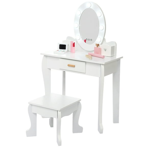 M optimized Kids' Vanity Table and Chair Set with Mirror, Girls' Makeup Dressing Table with Touch Lights & Wood Makeup Playset, Pretend Play, Princess Vanity Table for Kids Aged 4-9