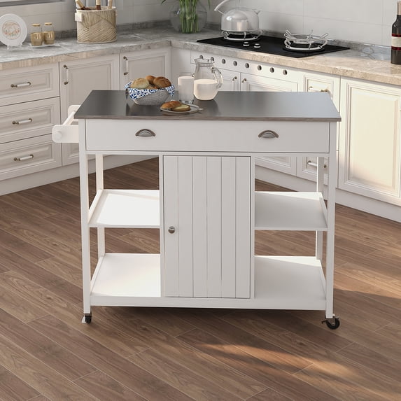 M optimized Kitchen Cart with Stainless Steel Counter Top Rolling Kitchen Cart On Wheels with Drawer Cabinet Open Shelves for Kitchen Dining Room Home